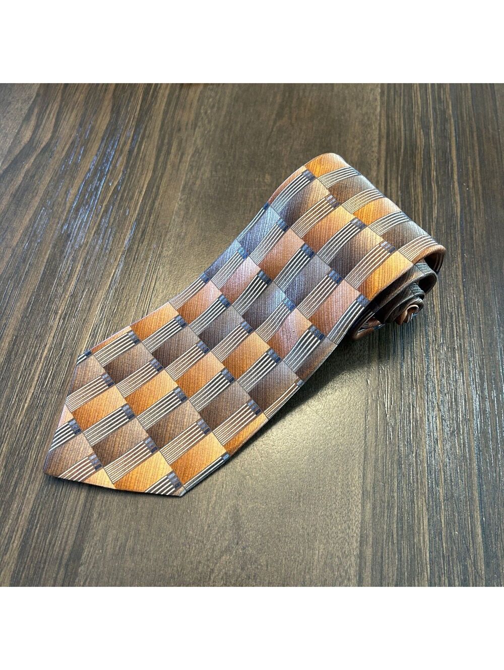 Vintage Y2K 90s Corporate Image for Tom James Brown Coarl Geometric Silk Tie